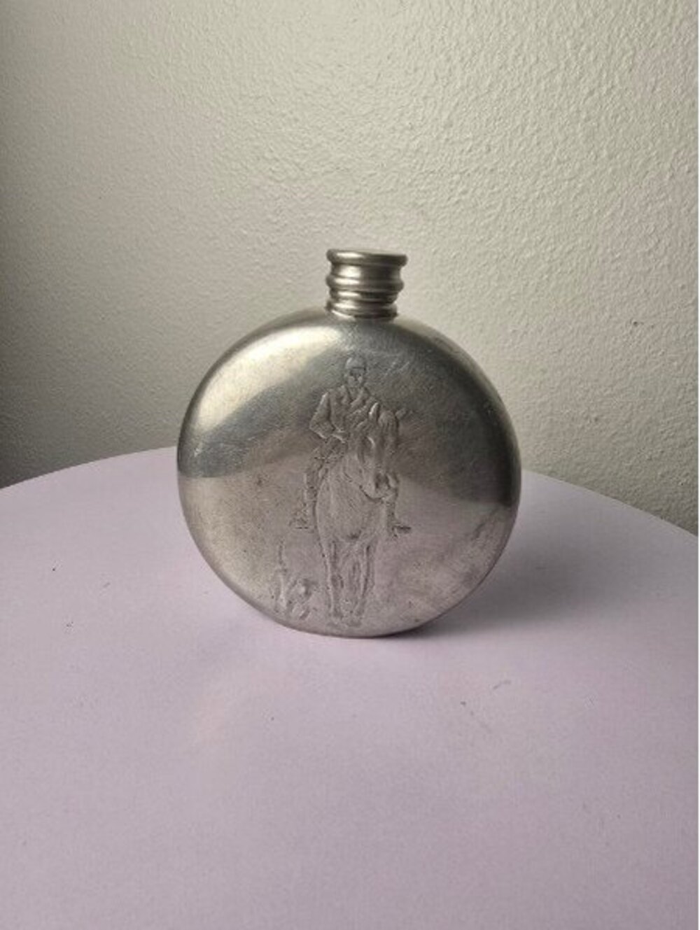 Vintage Pinder Bros 6oz English Pewter Round Hip Flask Equestrian